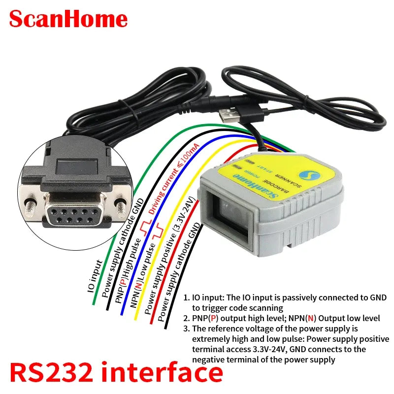 Fixed-mount barcode scanner module with DB9 RS232 port, cable connections, yellow top
