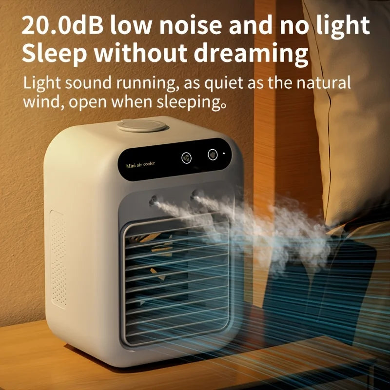 Tidesmit portable USB desktop air cooler with water tank and 1800mAh battery, side view showing cooling technology.