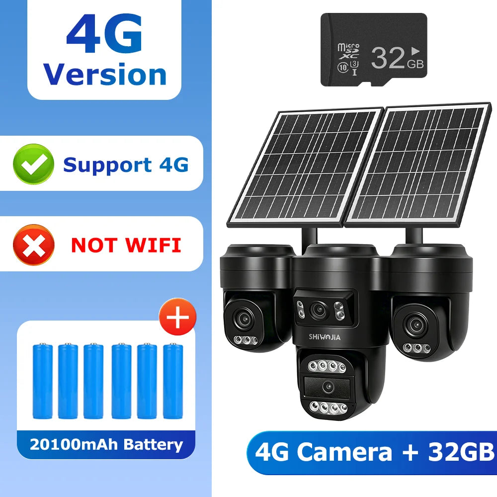 SHIWOJIA AOV Solar Security Camera WIFI 4G SIM Four Lens AI Human Auto Tracking Outdoor CCTV Camera 24/7 Recording