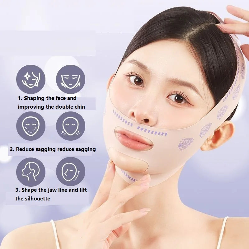 Woman wearing a beige slimming double chin face lifting mask bandage to shape jawline and reduce sagging skin.