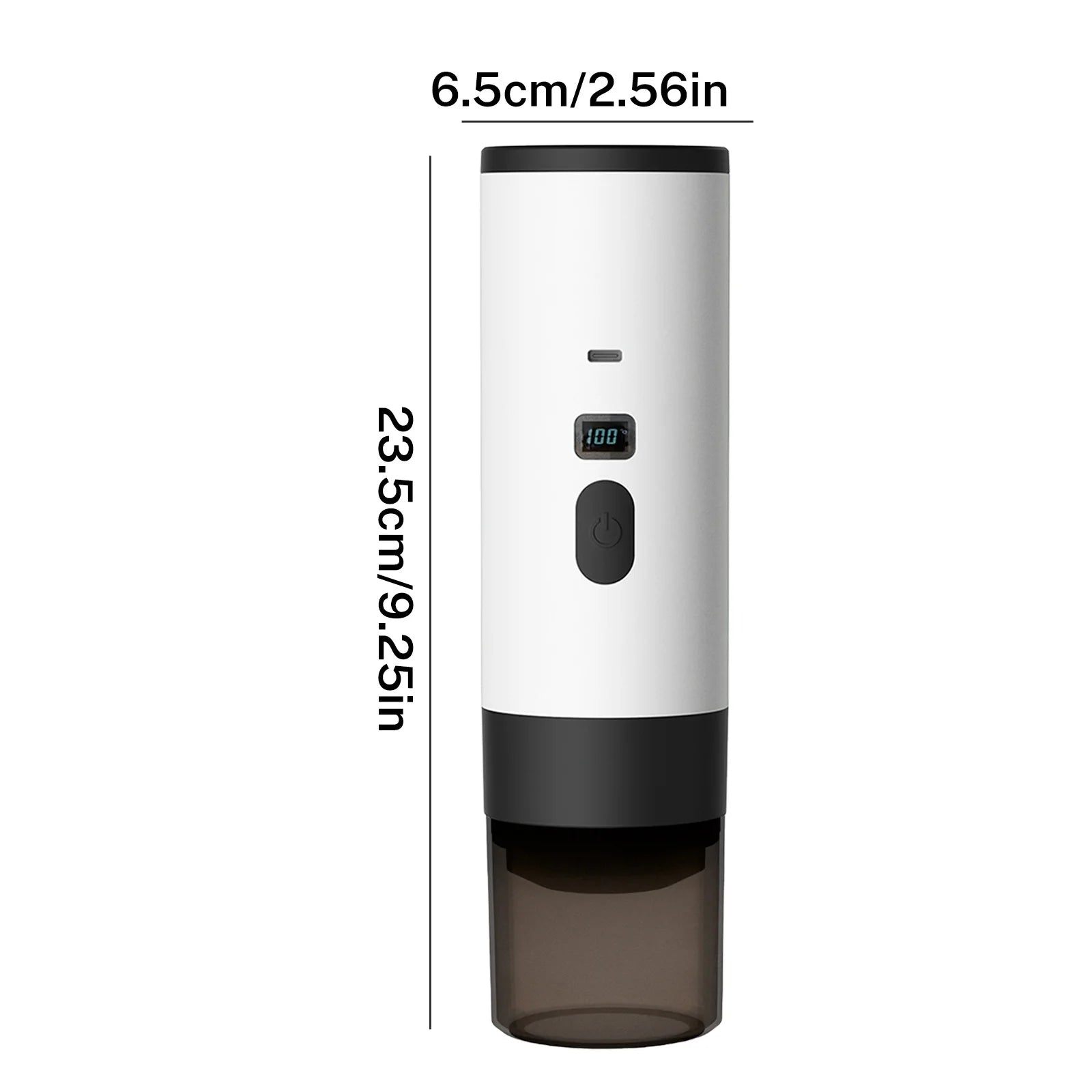 White portable electric coffee maker with digital temperature display, 23.5cm tall, USB-C rechargeable design.