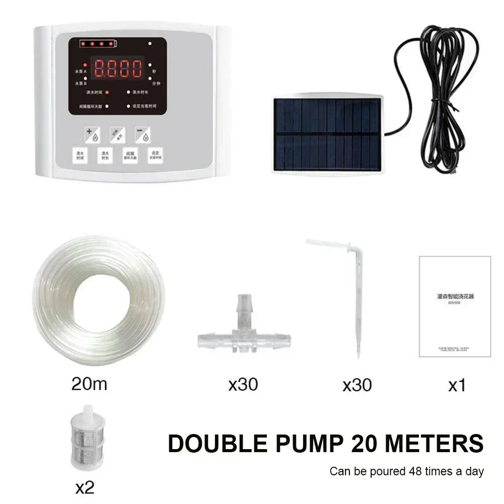 Solar Auto Drip Irrigation Kit Dual Water Pump Smart Watering Controller Outdoor Automatic Irrigation System for Yard Balcony Potted Plants & Home Flower Cultivation