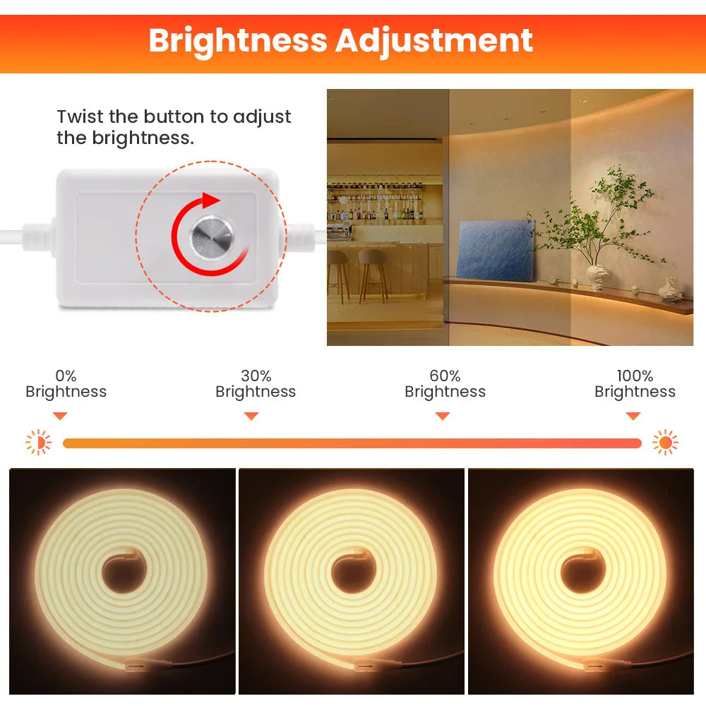 220V COB LED Neon Strip Light with Dimmer Switch Power Kit 288LED High Density Linear Lighting Waterproof Flexible Silicone Lamp