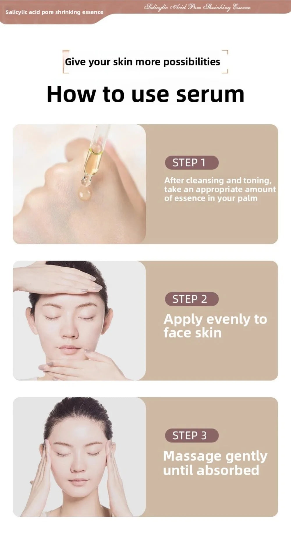 How-to guide for Salicylic Acid Pore Shrinking Essence: instructional infographic for applying facial skin serum.