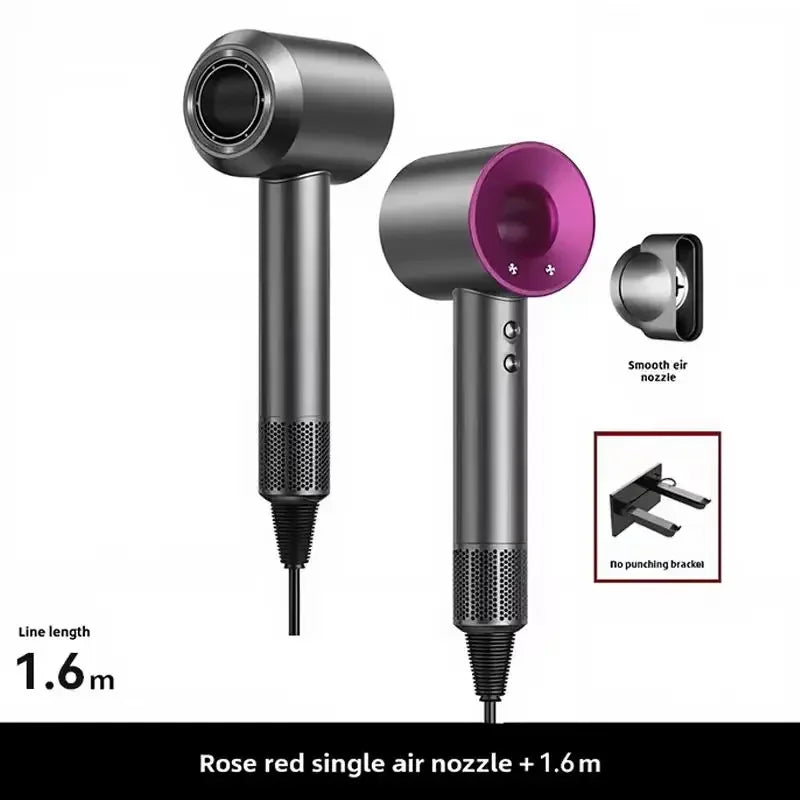 Rose red high-speed negative ion hair dryer, bladeless design with smoothing nozzle and wall mount bracket.