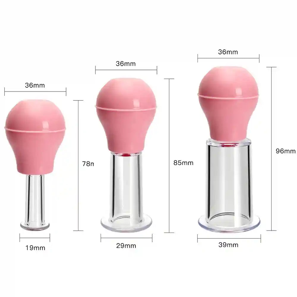 Set of three pink vacuum facial massage cups with clear bases for anti-cellulite skin lifting and lymphatic drainage.