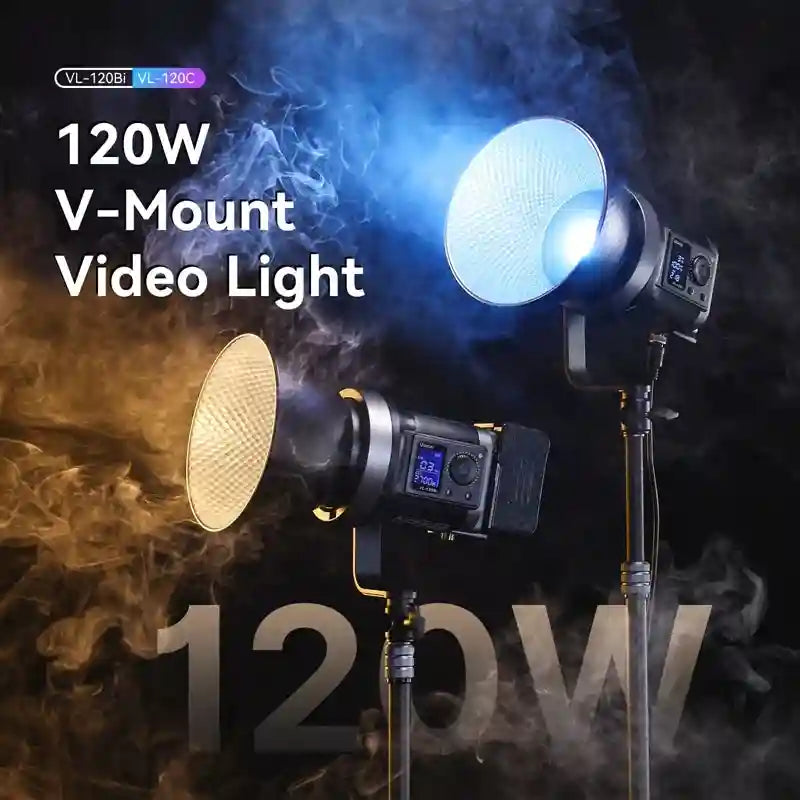 Two 120W LED video lights on stands, featuring reflectors, V-mount battery slots, and digital control screens.
