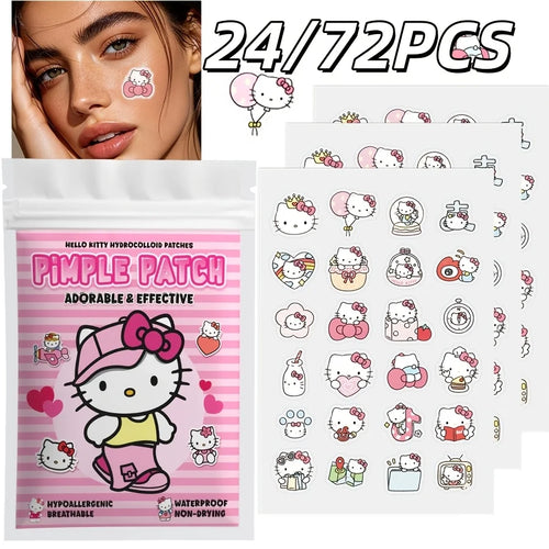 Hello Kitty hydrocolloid acne patch pack, 24/72PCS, with purple “Pimple Patch” packet and sheet