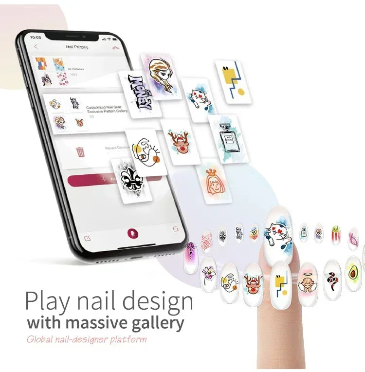 Smart mobile nail printer app showing DIY nail art design gallery with custom patterns for home or salon nail printing.
