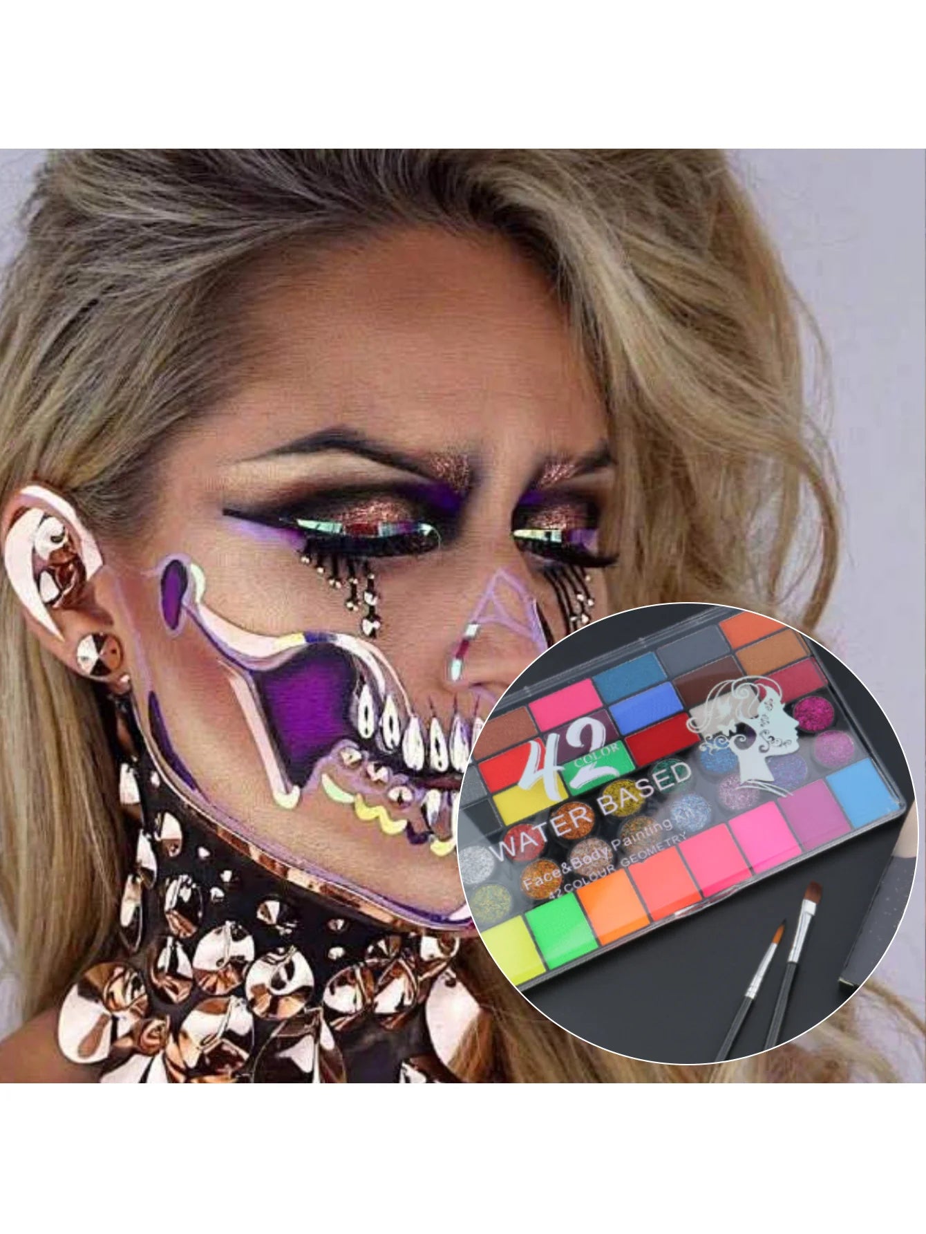Tidesmit 42 color face and body paint kit showing neon glow pigments for festival makeup and Halloween costume art