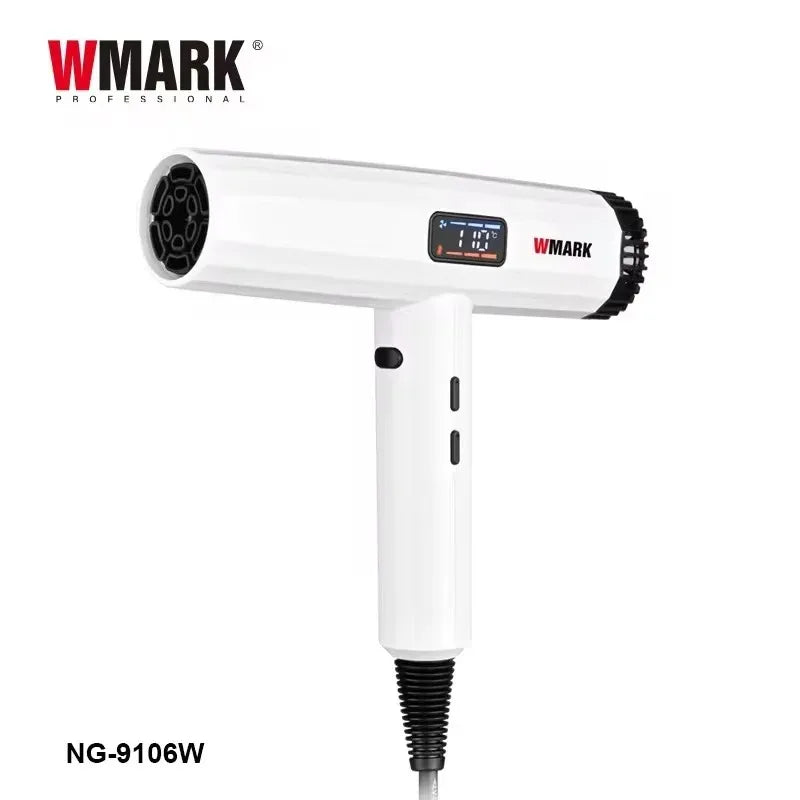 WMARK NG-9106W professional white hair dryer with digital display, ionic technology, and heat control settings.