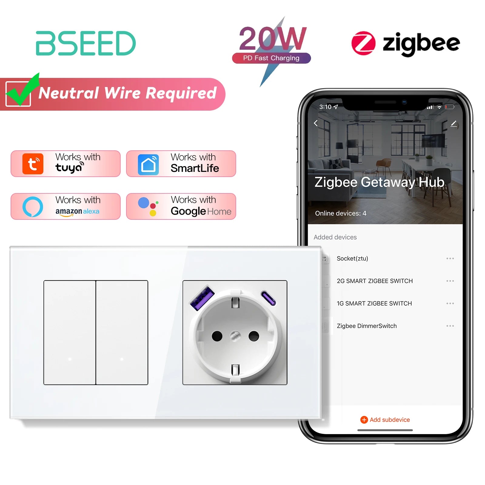 Zigbee Smart Light Switch with USB-C Port - EU Standard | Tidesmit 2G 20W AC Socket EU standard Tidesmit