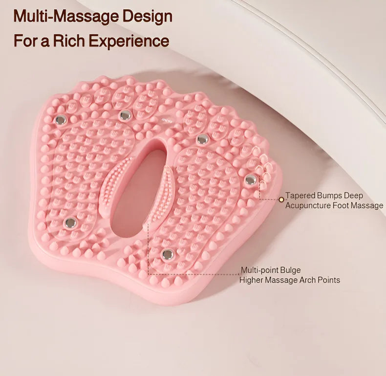 Pink, foot-shaped acupoint massage mat with textured bumps and magnetic inserts for home foot therapy.