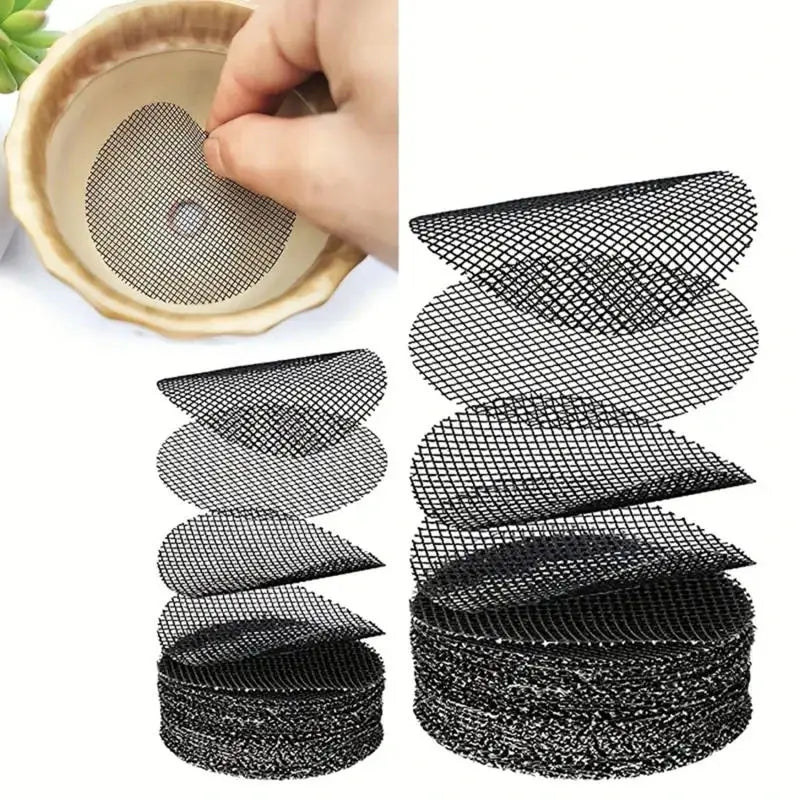 Stacked round mesh drainage screens in black for pot bottoms and planters