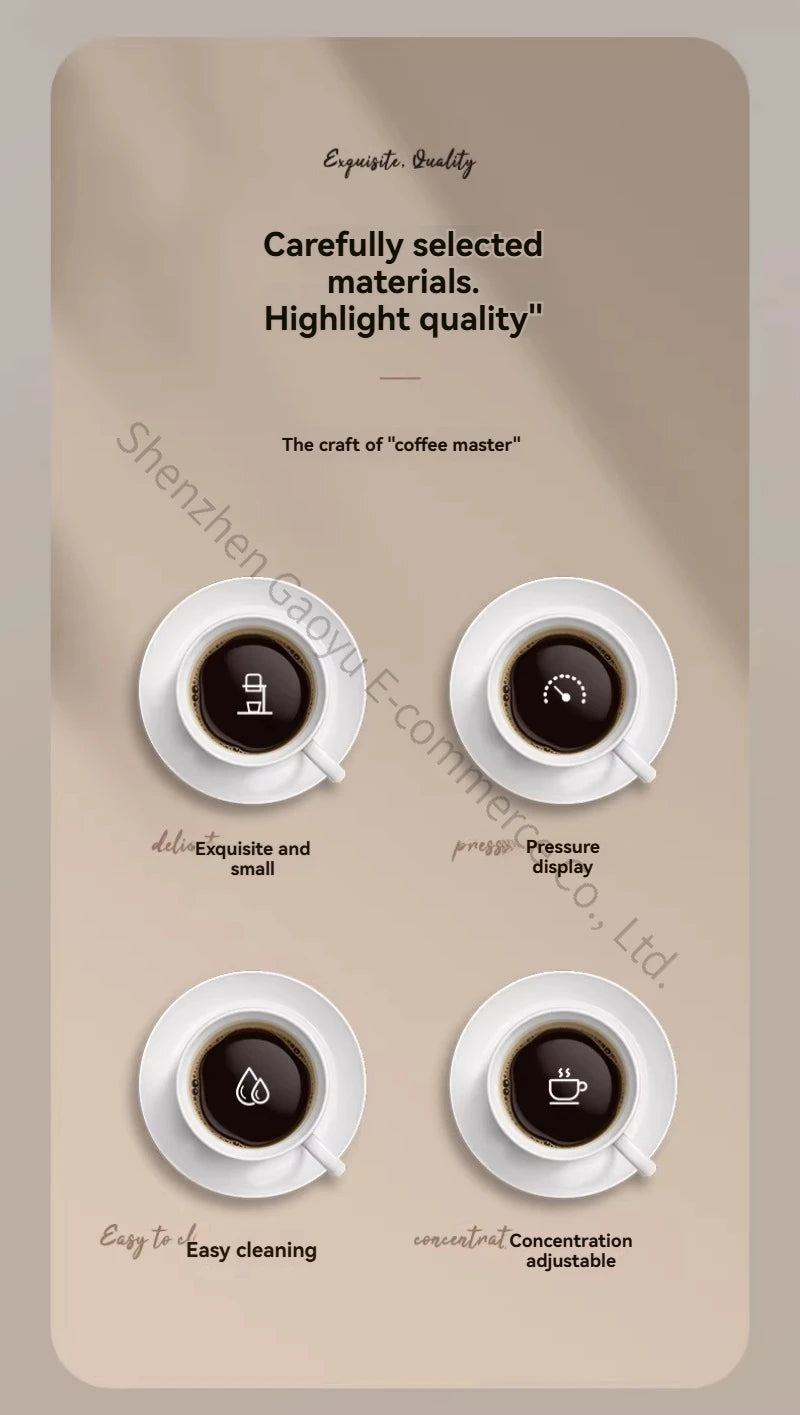 Coffee master compact coffee maker infographic showing pressure display, easy cleaning, and adjustable concentration.