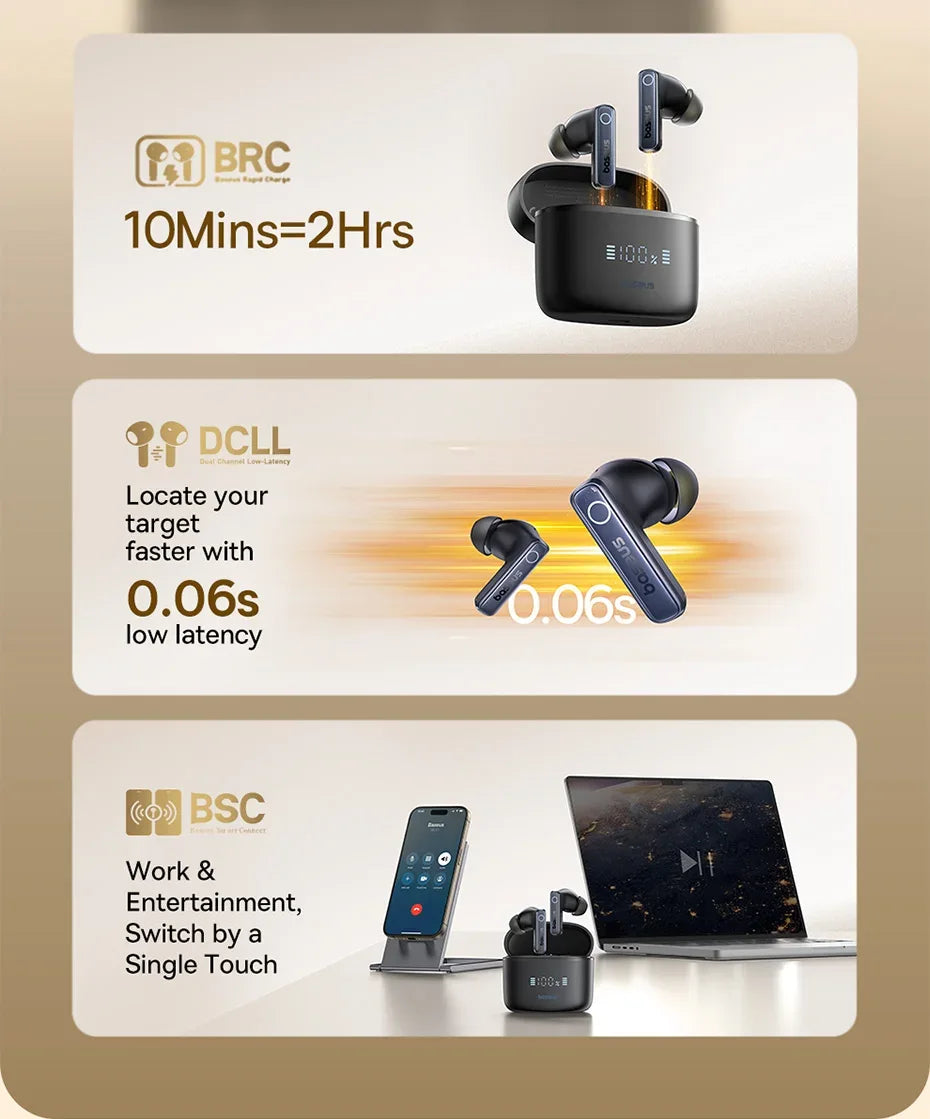 Baseus Bowie 30 Wireless Earphones 50dB Noise Reduction 65Hrs Long Playtime Bluetooth 5.3 Earbuds 6 Mics AI Call Clear Big Bass Tidesmit