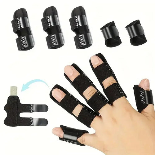 Black fabric finger support brace for orthopedic pain relief and injury stabilization.