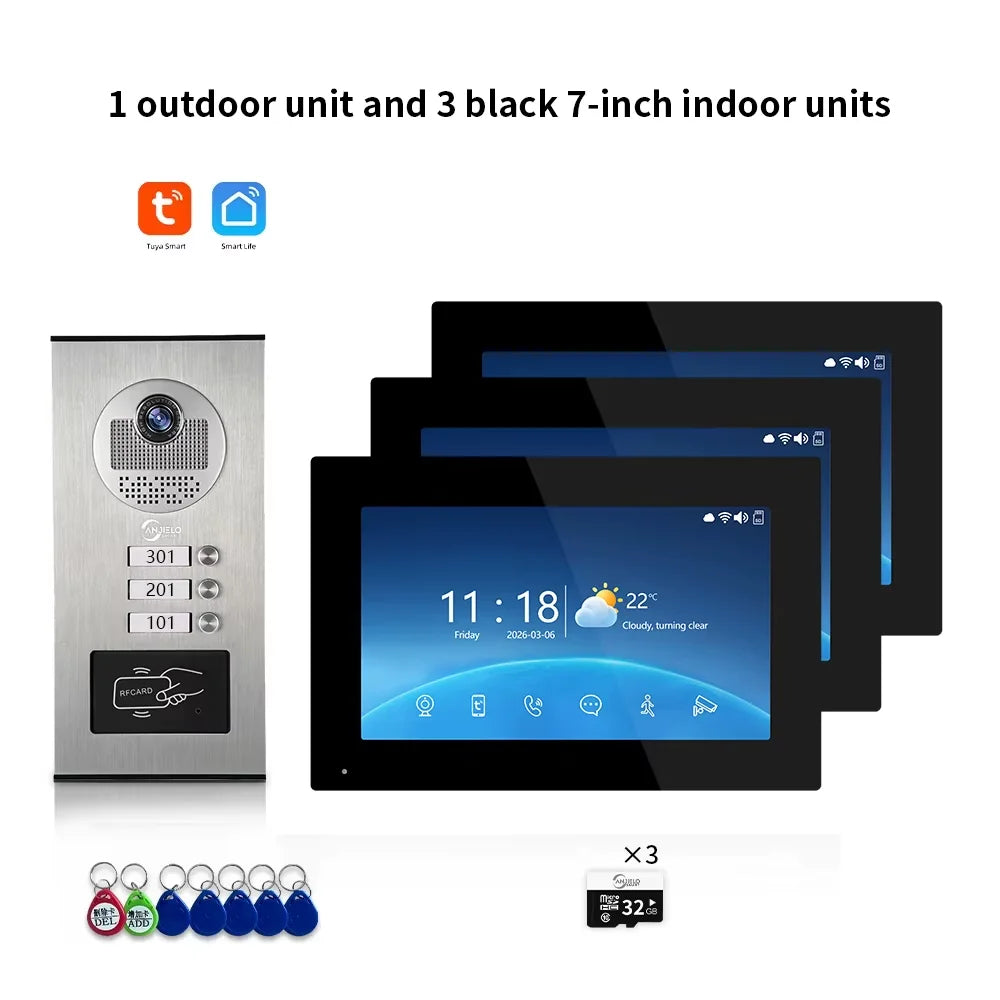 7-inch WiFi video door intercom kit with 3 black indoor monitors and 1 outdoor unit