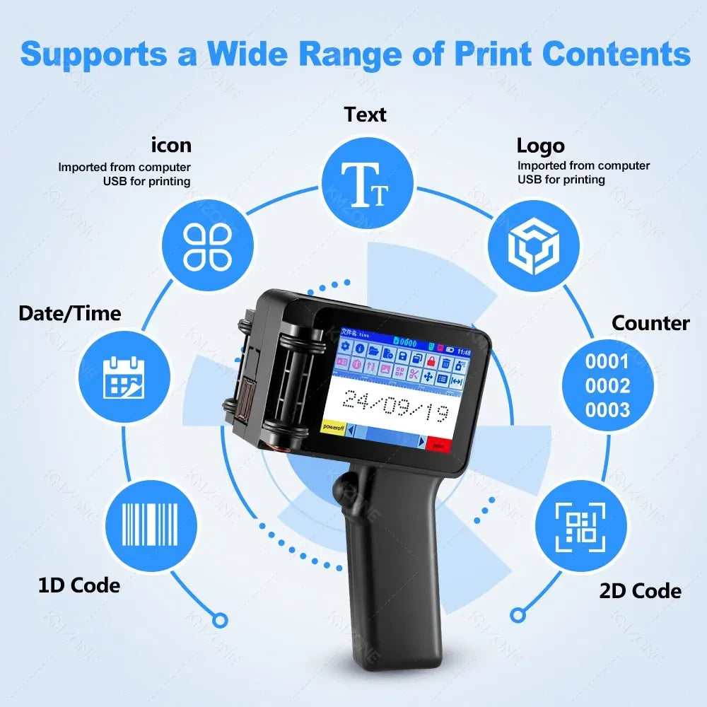 Handheld inkjet label printer displaying a touchscreen menu for text, date, code, and logos