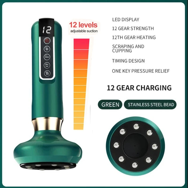 Green handheld electric scraping and cupping massager with an LED display, 12 suction levels, and stainless steel beads.