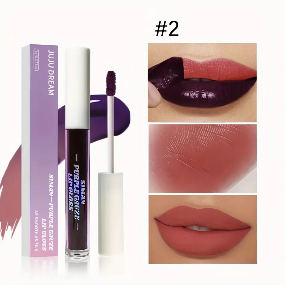 Juju Dream peel-off matte lip ink in dark purple, transitioning to a smooth, long-lasting matte mauve lip tint.
