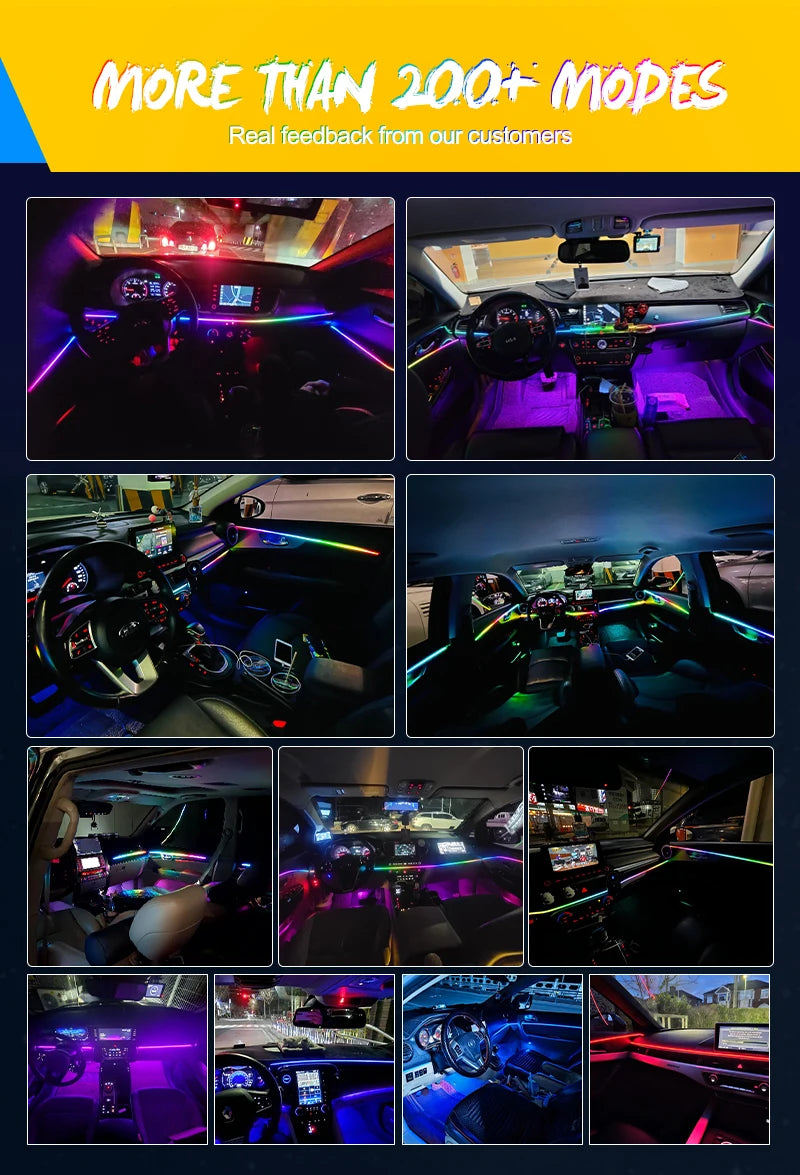 Collage of car interiors featuring thin, flexible LED strips emitting multicolored light along the dashboard and doors.