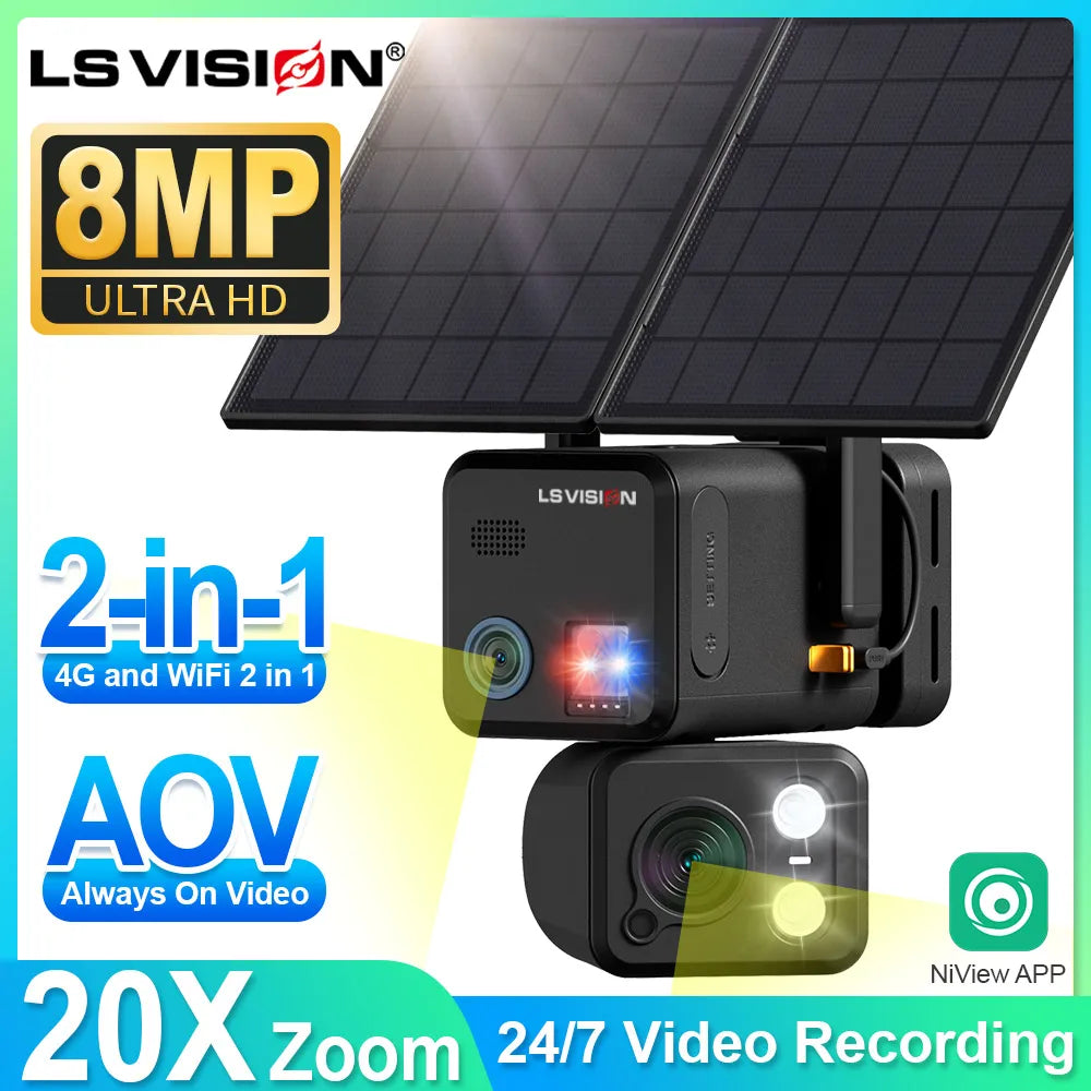 LS VISION 24/7 Recording 4g Sim &Wifi Security Camera Outdoor AOV 20 Watt Solar Panel Cctv AI Detection Cam For Villas Estates