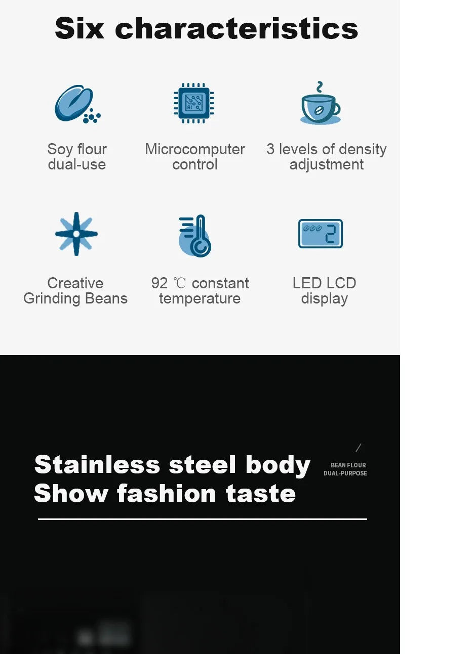 Stainless steel soy milk and coffee bean maker with LCD display, 92C constant temperature, and density control.