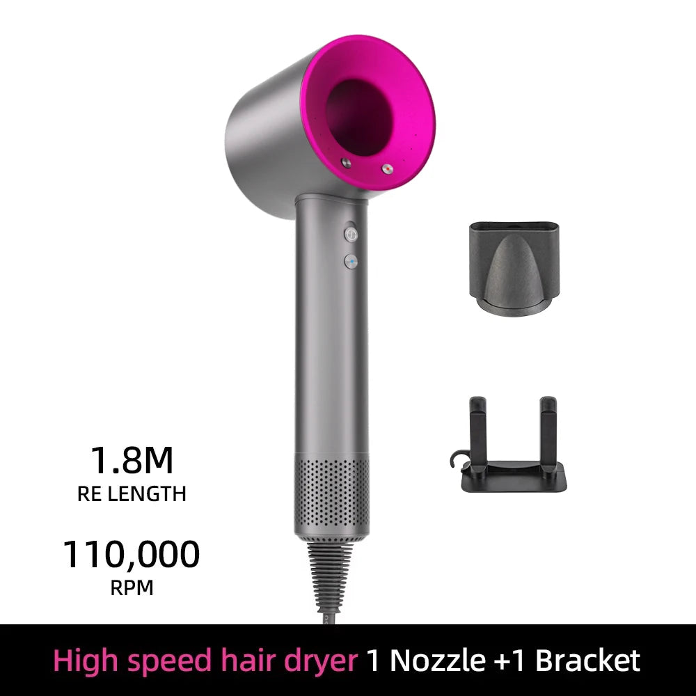 Gray and pink high-speed ionic hair dryer with nozzle attachment and wall bracket for fast, quiet hair drying.