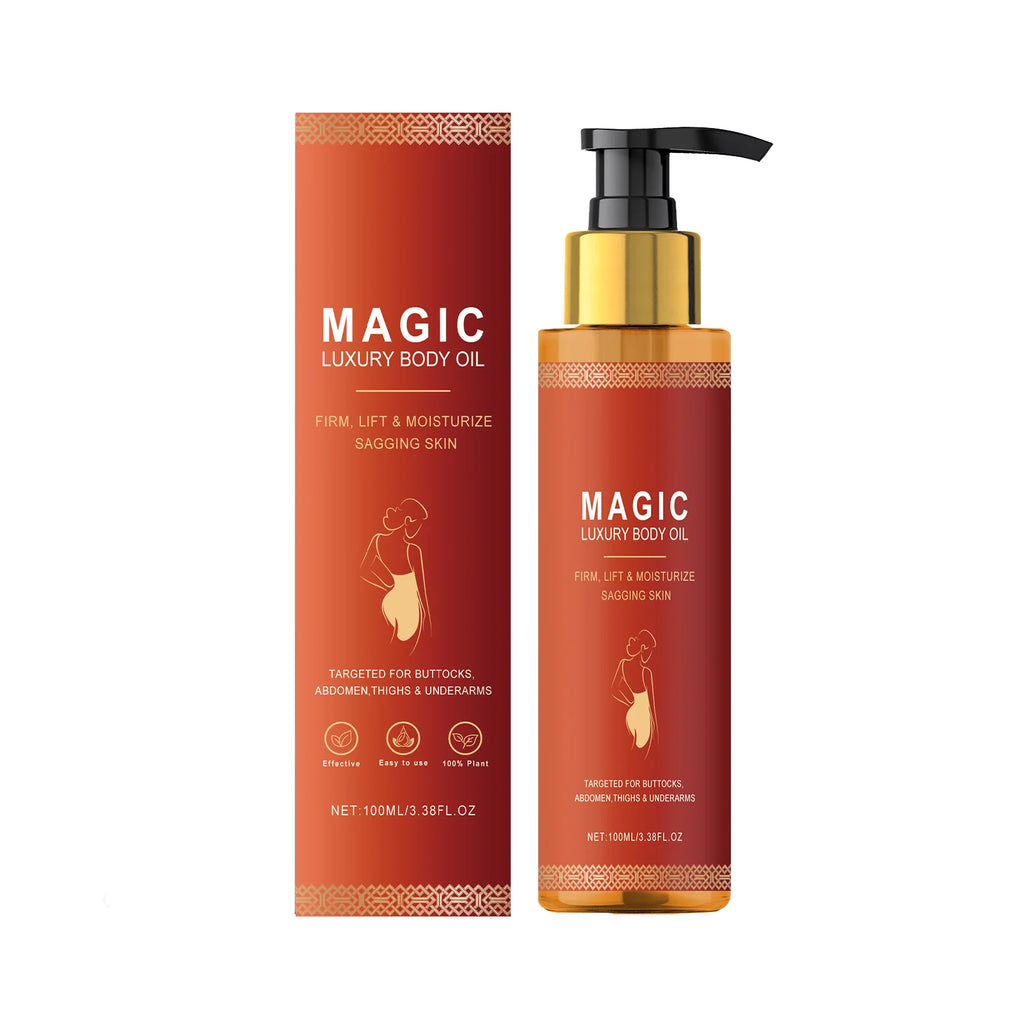 Magic Luxury Body Oil box and pump bottle in orange, with gold accents and a silhouette graphic of a woman’s body.