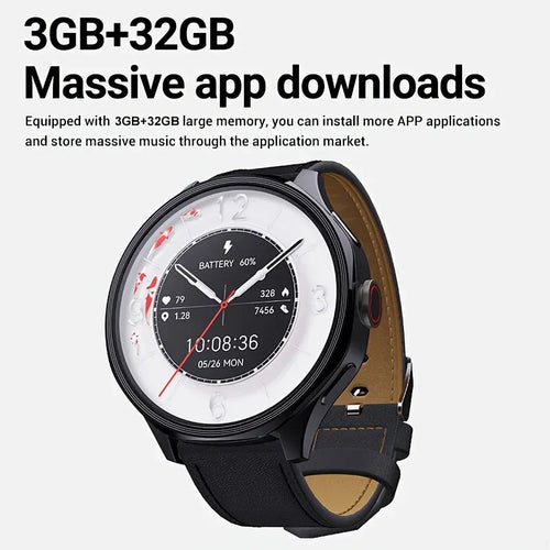 Smartwatch with round display and tan leather strap, showing battery, time, and step stats