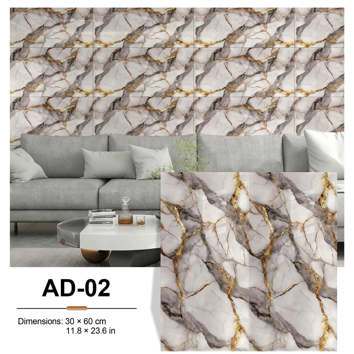 Self-adhesive marble tile sticker sheet with gold veining, 30x60cm, AD-02