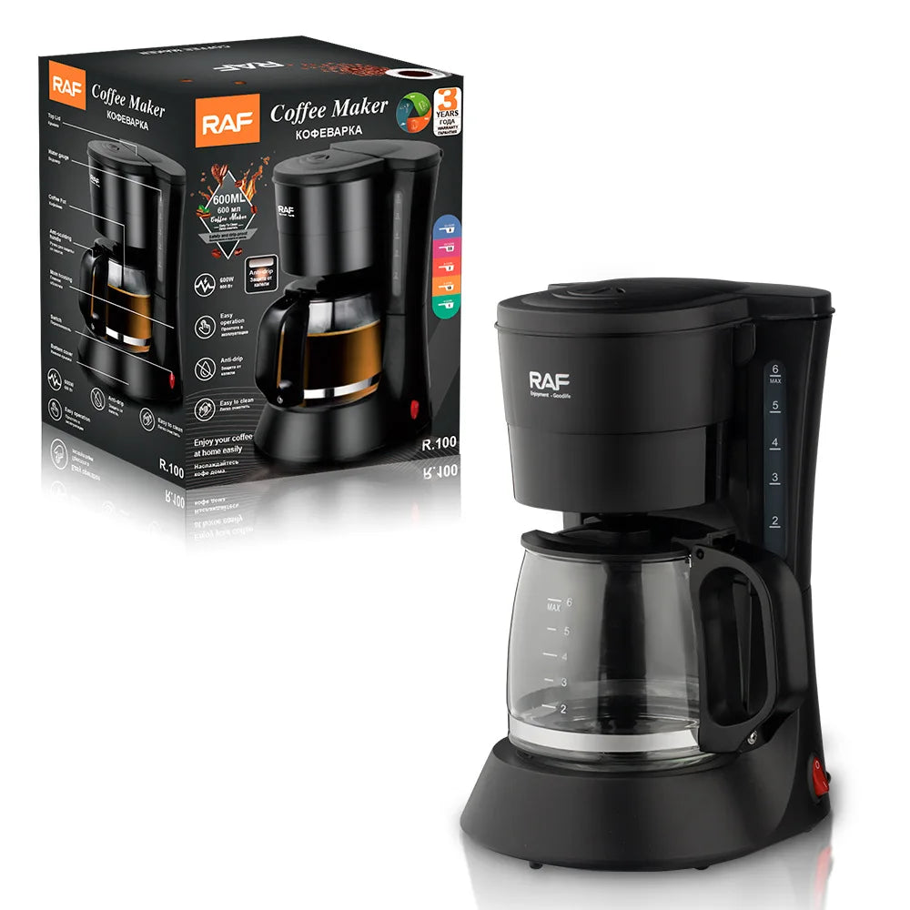 RAF 600ml black drip coffee maker with glass carafe and retail box packaging.