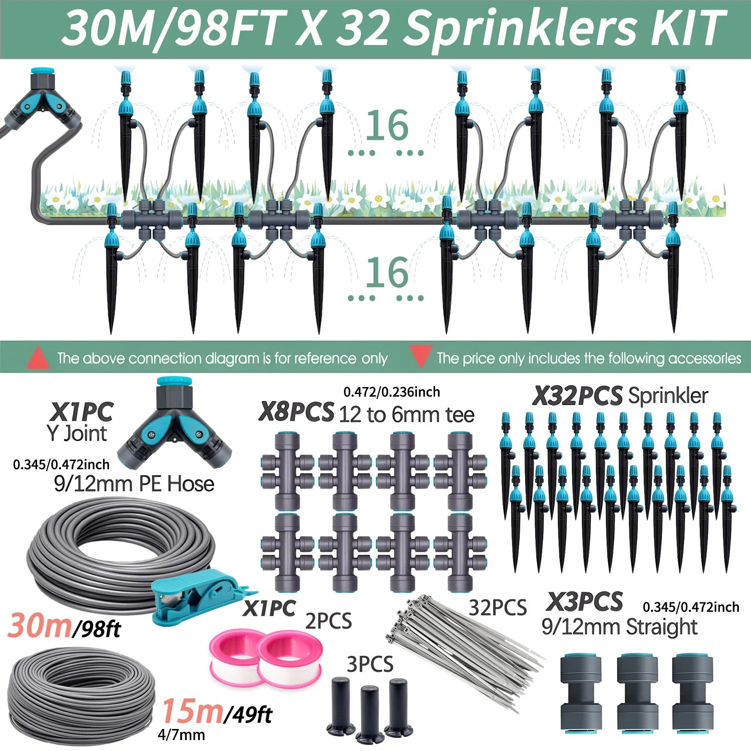 3/8" 12mm PE Hose 360° Adjustable 2-in-1 Misting Quick Connect Sprinkler Micro Dripper Sprayer Garden Irrigation Watering System