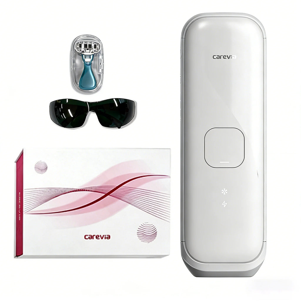 Carevia IPL hair removal device with white, sleek handle, protective glasses, a razor, and branded packaging box.
