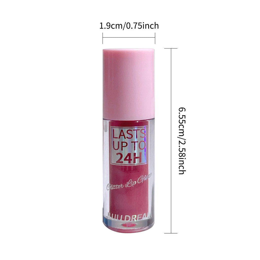 Long-lasting glitter lip glaze in a clear tube with a pink cap, featuring 24H waterproof liquid lipstick formula.