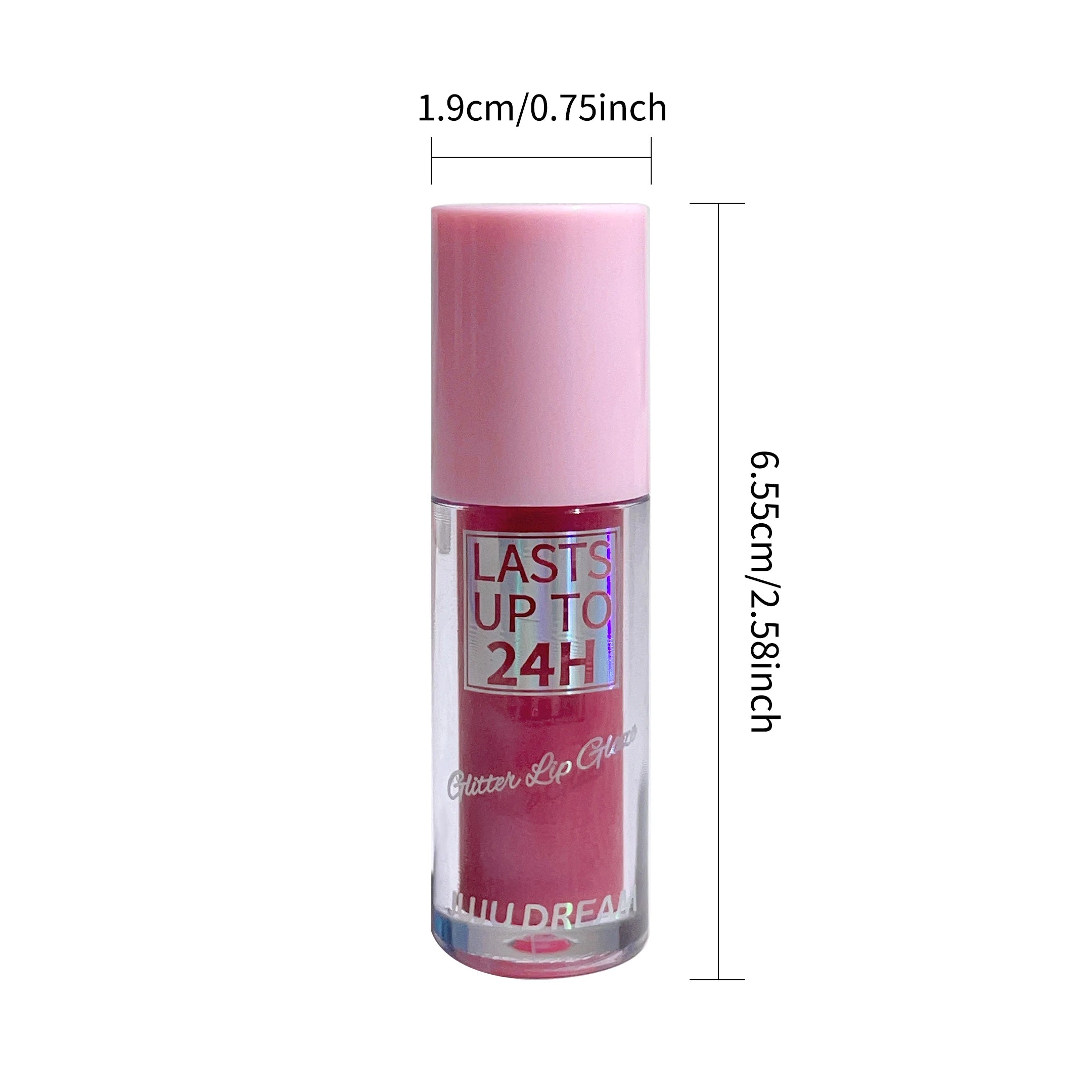 Long-lasting glitter lip glaze in a clear tube with a pink cap, featuring 24H waterproof liquid lipstick formula.