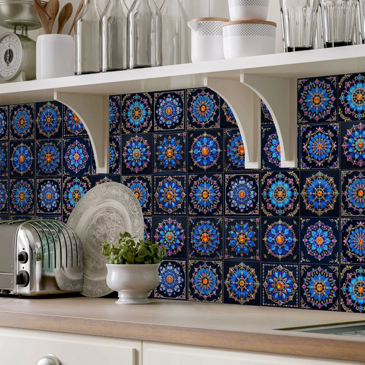 Dark blue tile-style wallpaper with bright blue and gold floral medallion squares