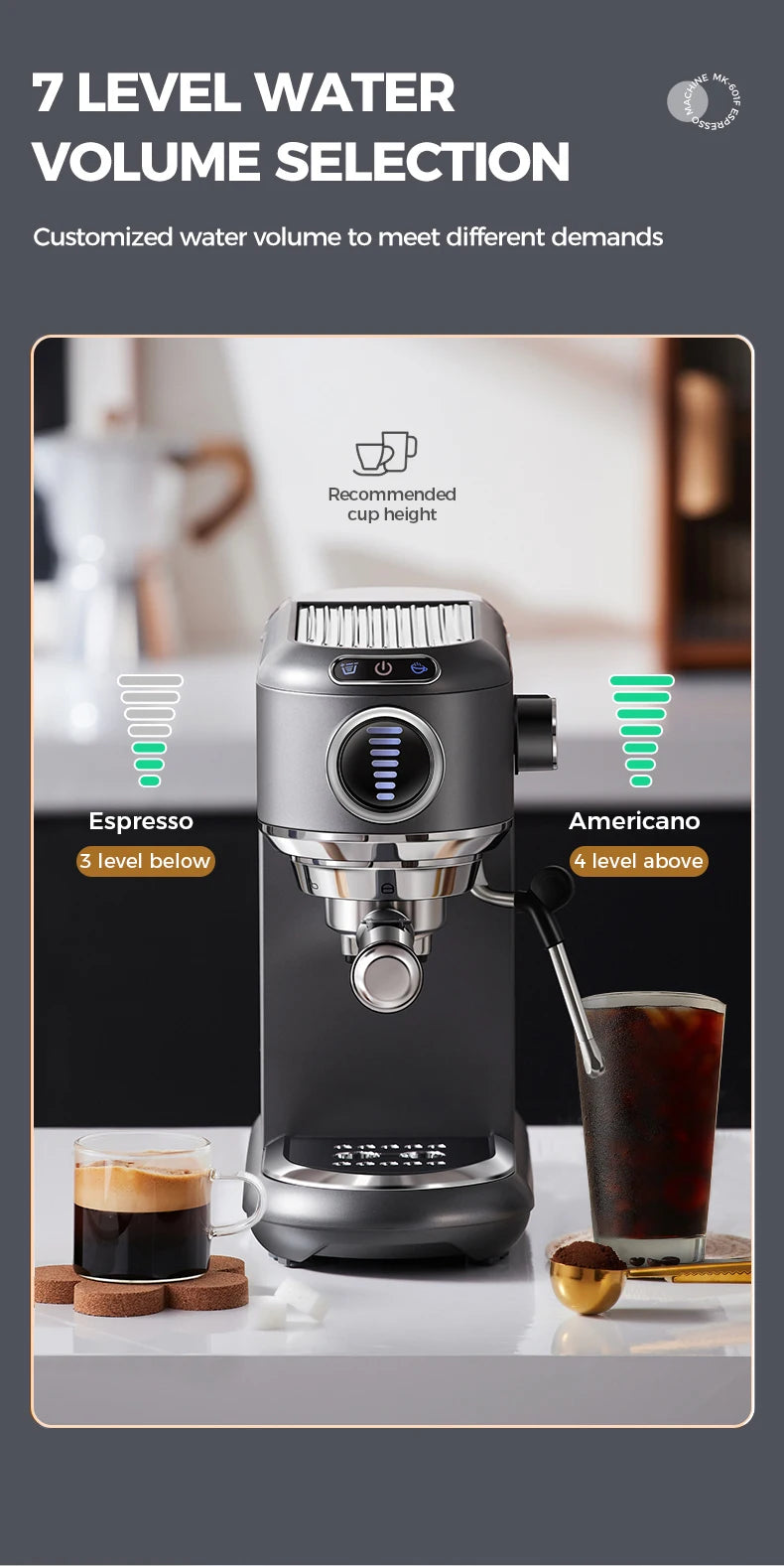Dark grey stainless steel espresso machine with 7-level adjustable water volume display and integrated milk frother.