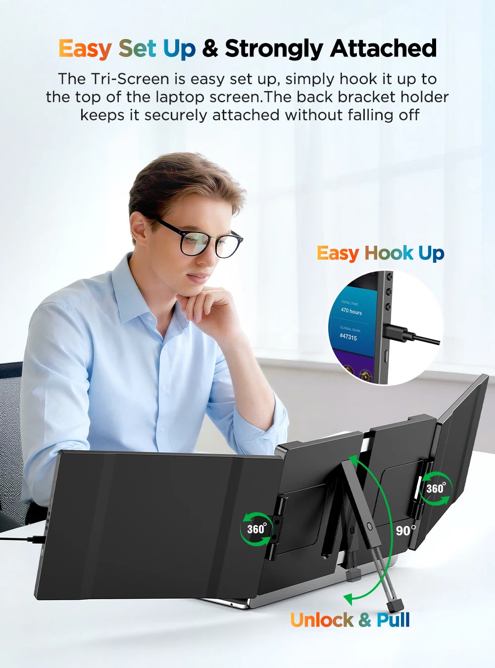 UPERFECT 14" 2K Triple Portable Monitor with 360° Rotation Stand 2240x1400 QHD IPS Laptop Screen Extender for Windows Chrome Mac