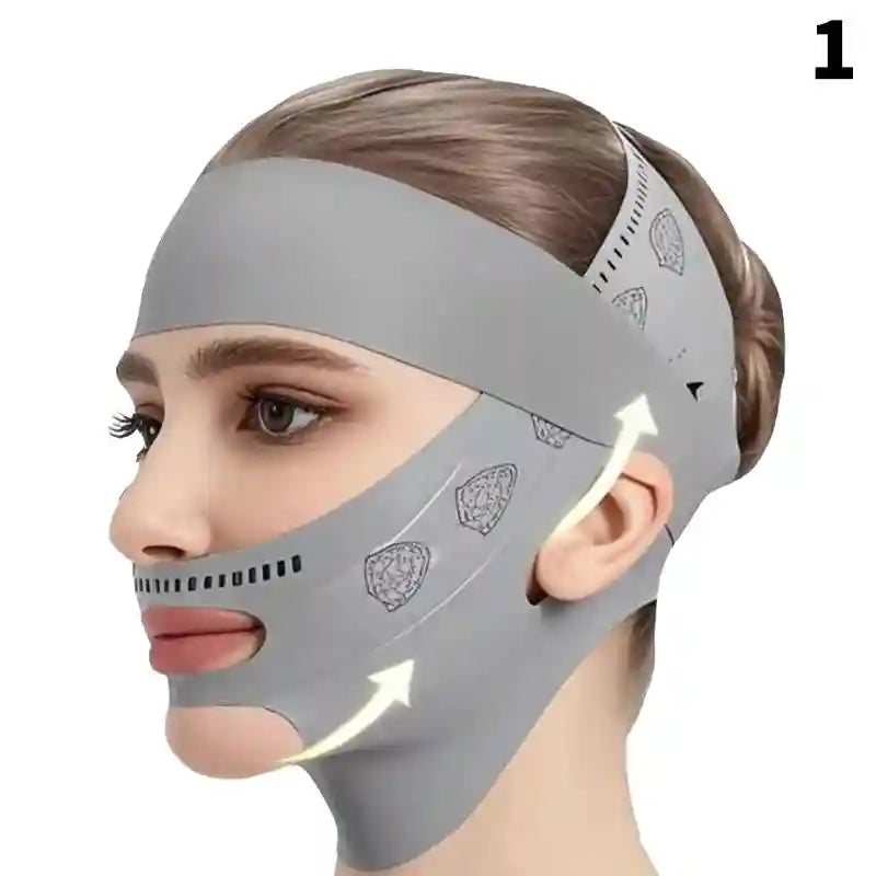 A person wearing a grey, V-shaped face lifting strap with cutouts for the mouth, ears, and decorative patterns.