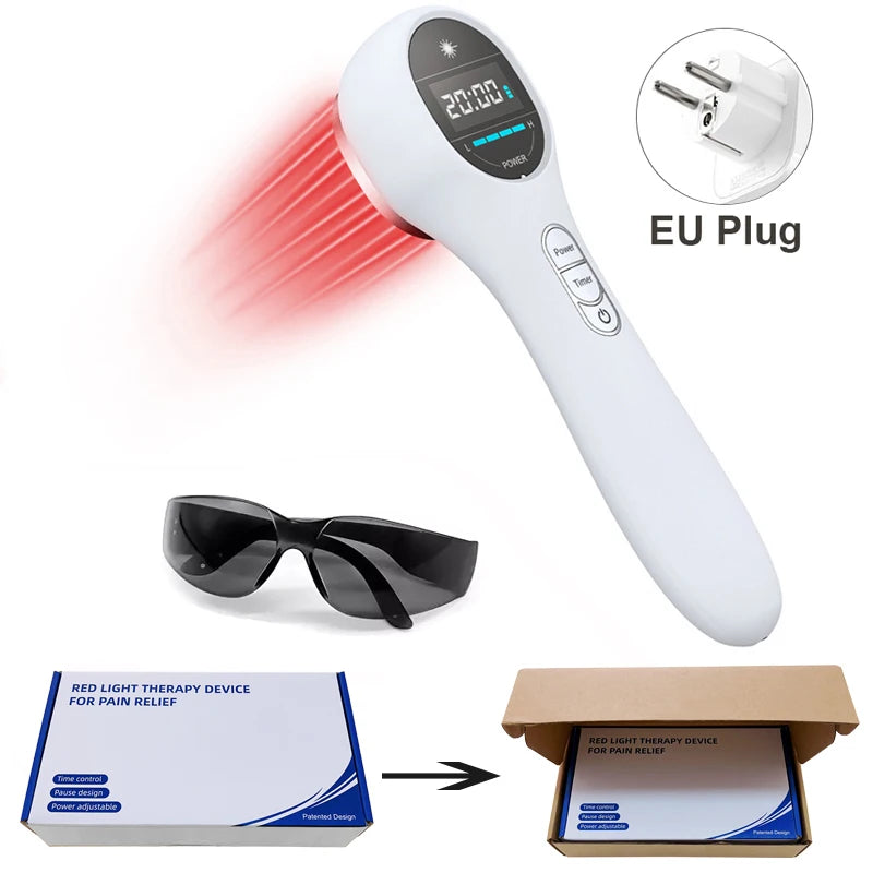 White handheld red light therapy device with a digital display, safety glasses, and an EU power plug.