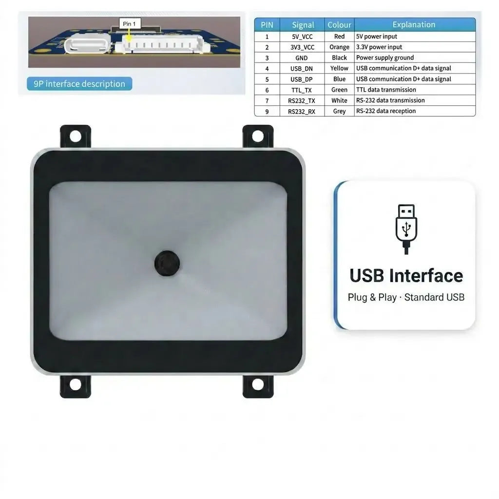 QR code scanner module with USB interface plug-and-play diagram and pinout panel