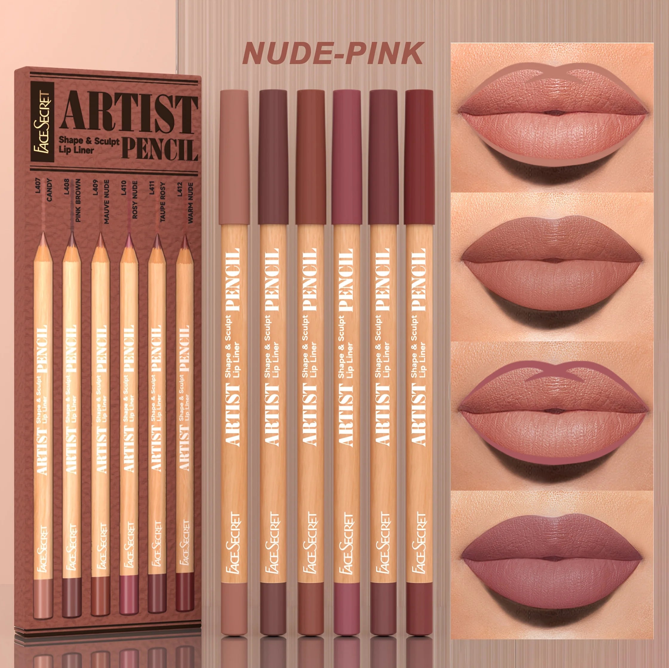 6-piece nude lip liner set with velvety matte, waterproof, long-lasting pencils in varied pink and brown shades.