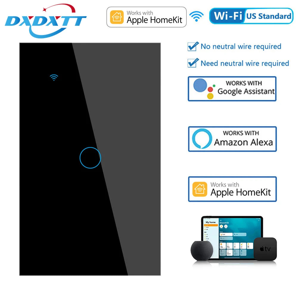 BONDA Homekit Smart Switch No Neutral EU/US WIFI Touch Sensor Light Switch Smart Google Home Alexa Siri Voice Control 220V 110V