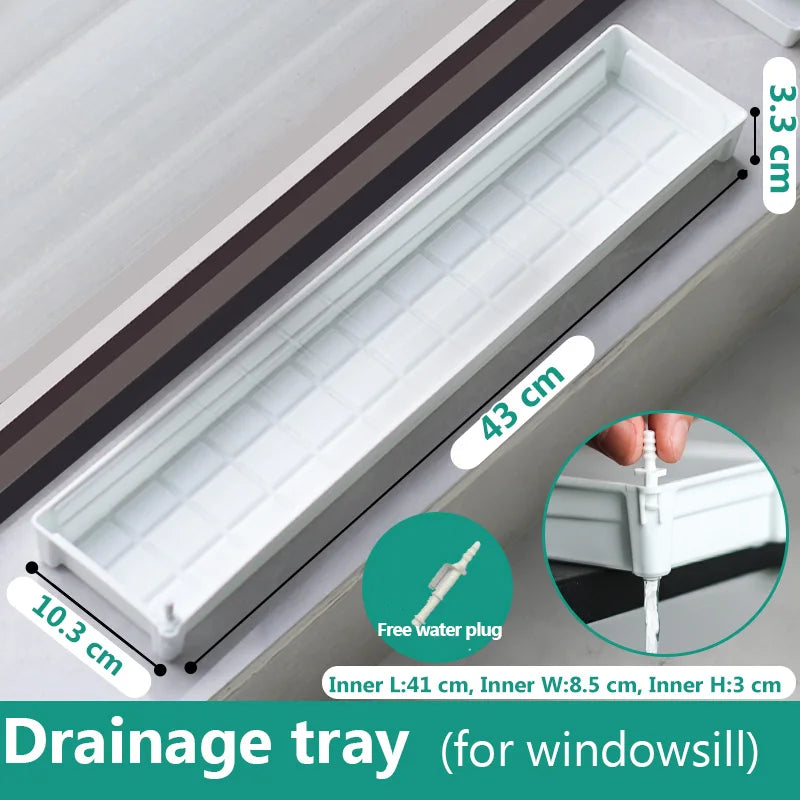 White plastic drainage tray with grid channels and included water plug for windowsill