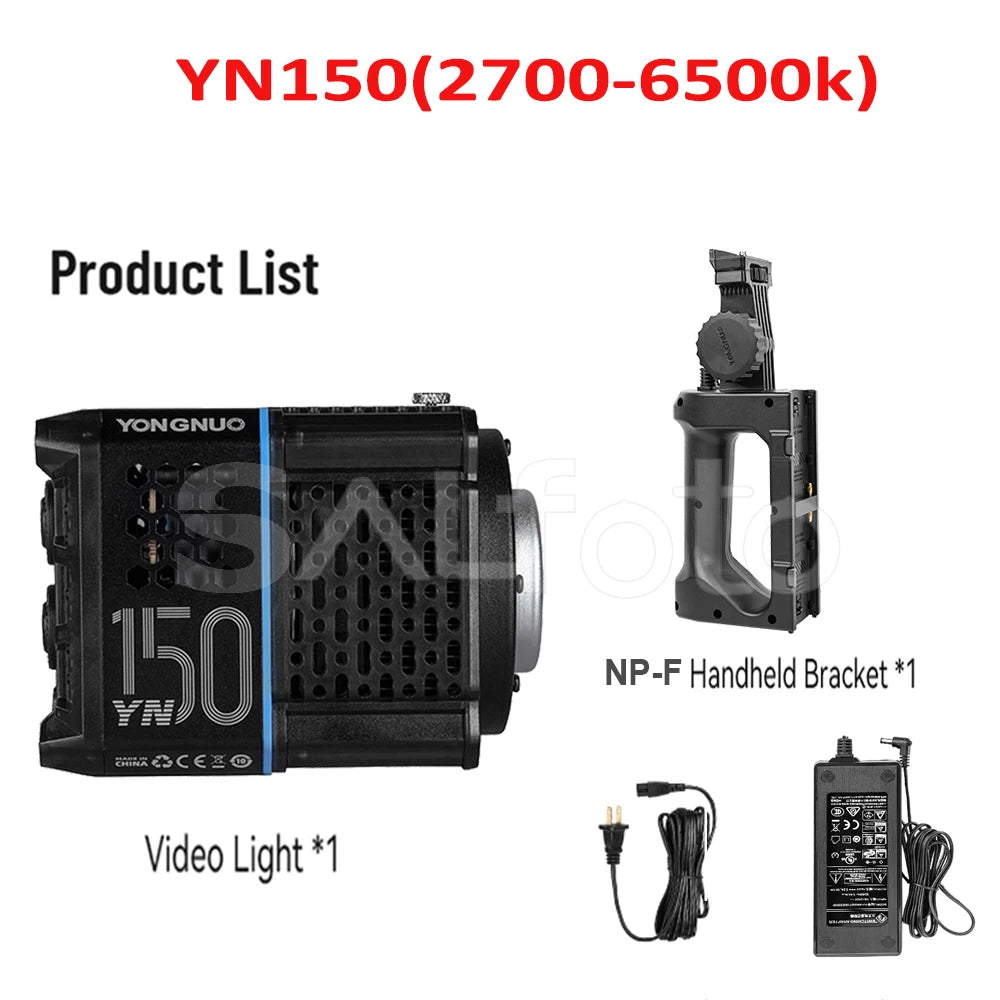 YN150 LED video light with handheld bracket and power adapter, featuring a black boxy design for studio lighting.