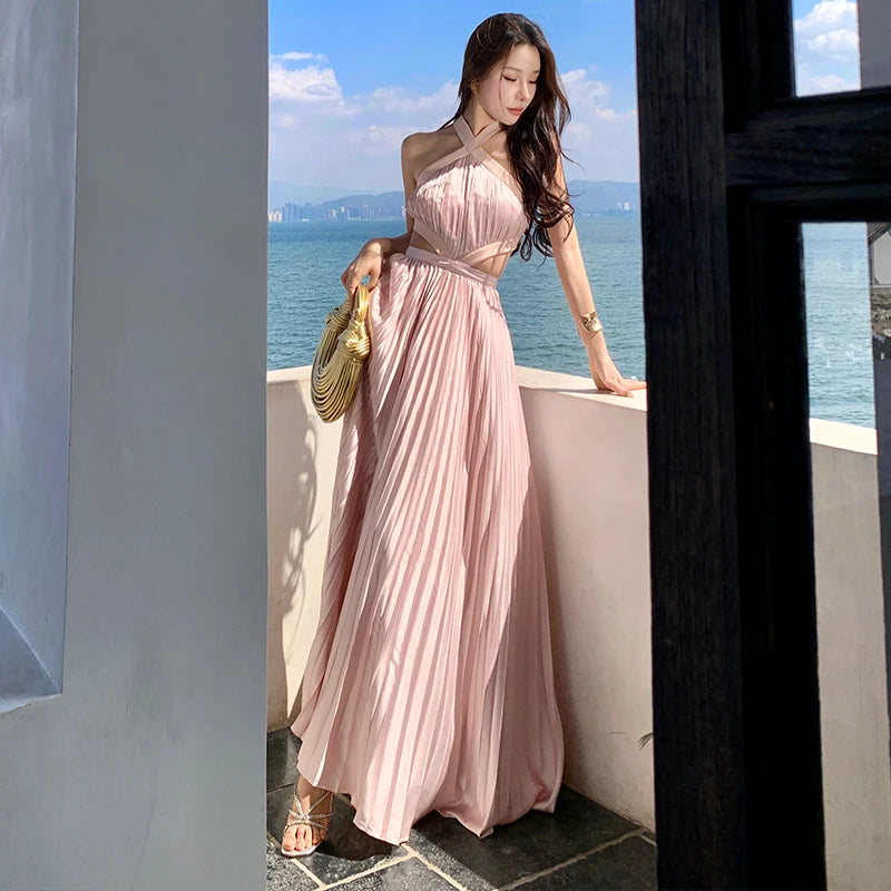 New Sexy Club Birthday Party Pleated Robe Long Dresses Women Summer Halter Neck Sleeveless Off The Shoulder Holiday Beach Dress