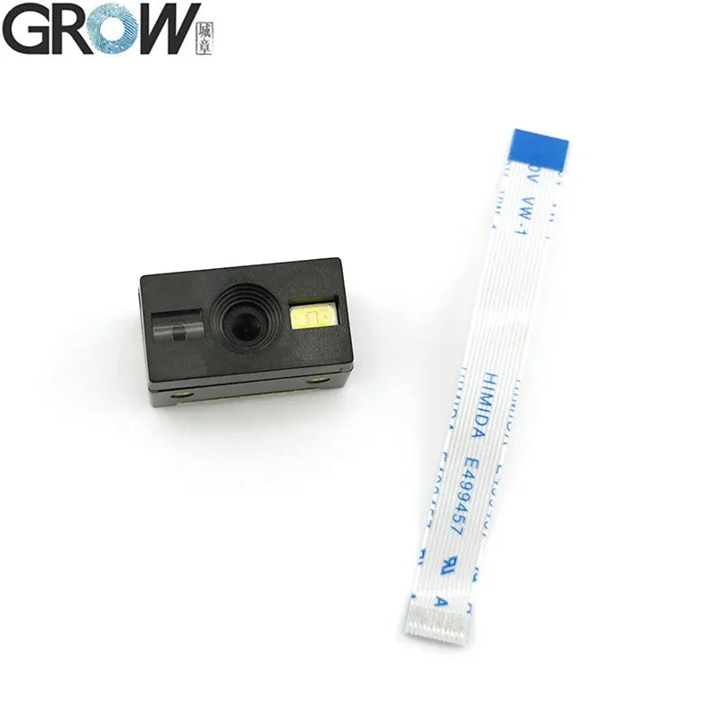 Barcode scanner module with black housing and white flat ribbon cable
