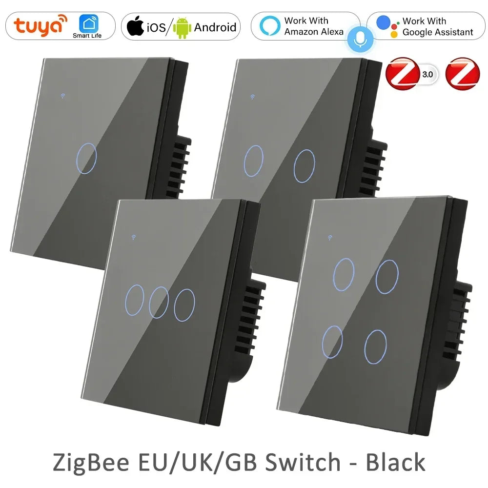 ZigBee 1 2 3 4 Gang with No Neutral Smart Touch Light Switch EU Europe UK Wall Button Tuya Power 2 3 Way Alexa Smart Home Voice